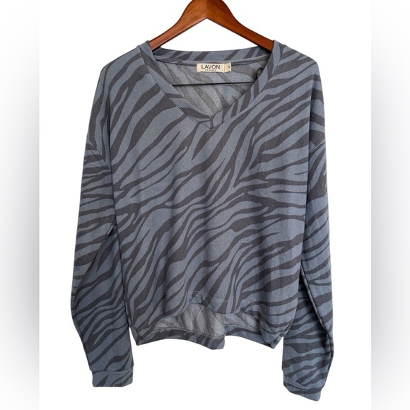 lavon Tops - Lavon Blue Gray Zebra Print V-Neck Sweater Size XL